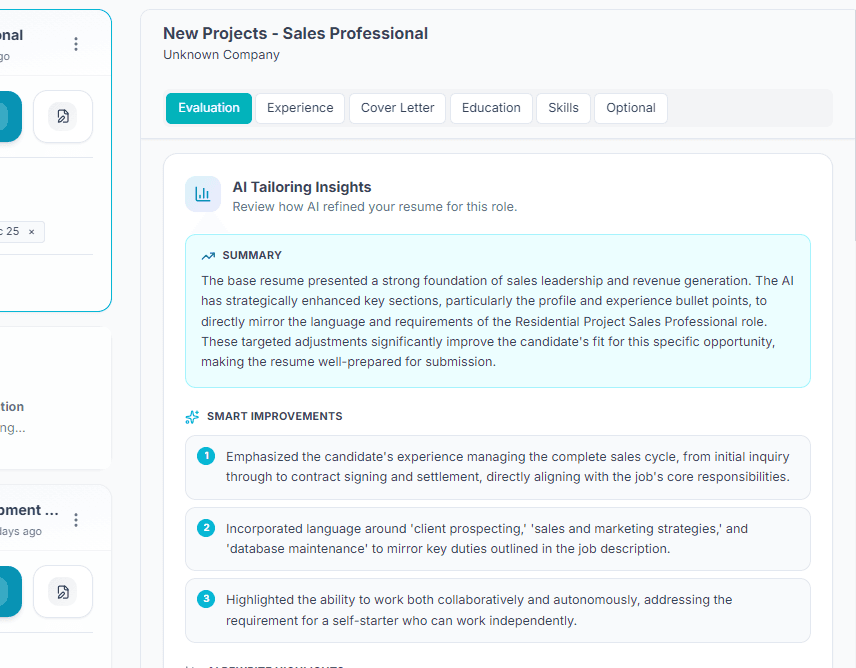 AI Tailoring Insights showing smart improvements and rewrite highlights