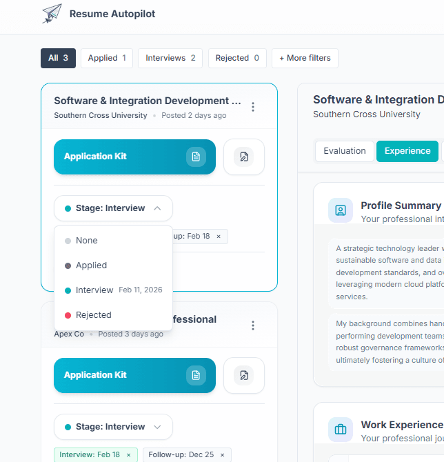 Job tracker with status filters and interview tracking